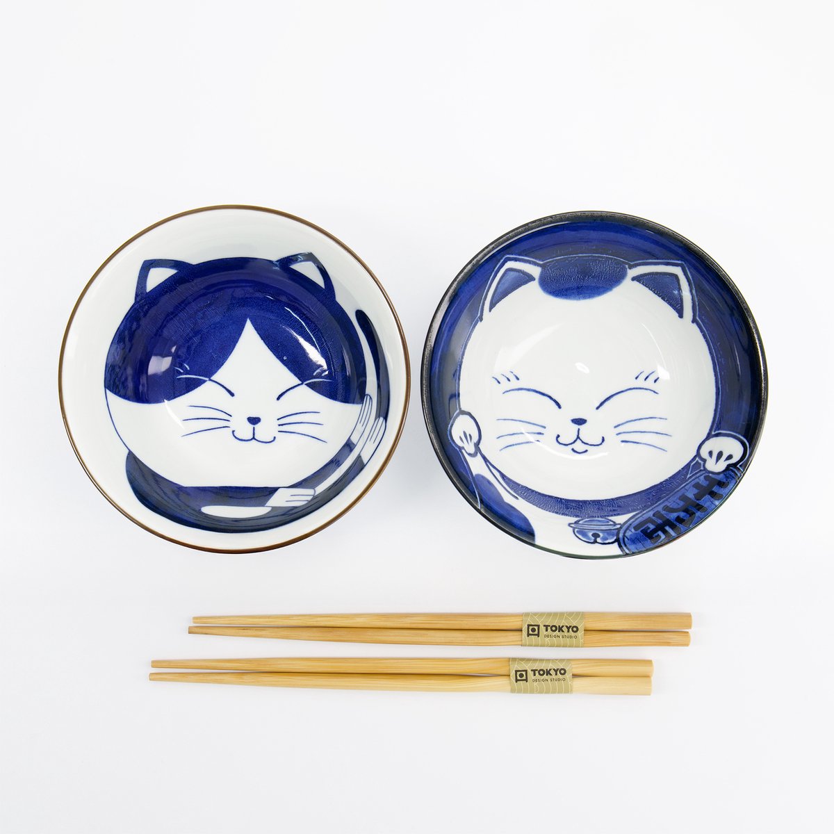 Tokyo Design Studio - Kawaii - Kom Giftset 2-delig met eetstokjes - Kat - 14.9x6.7cm - 500ml