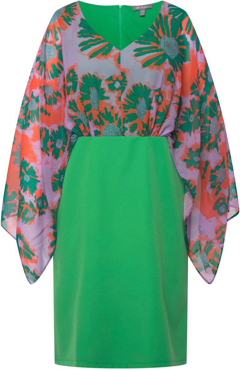 Ulla Popken - Dames - midi jurk chiffon buste bladeren V-hals lange mouwen - Groen - Maat 50+