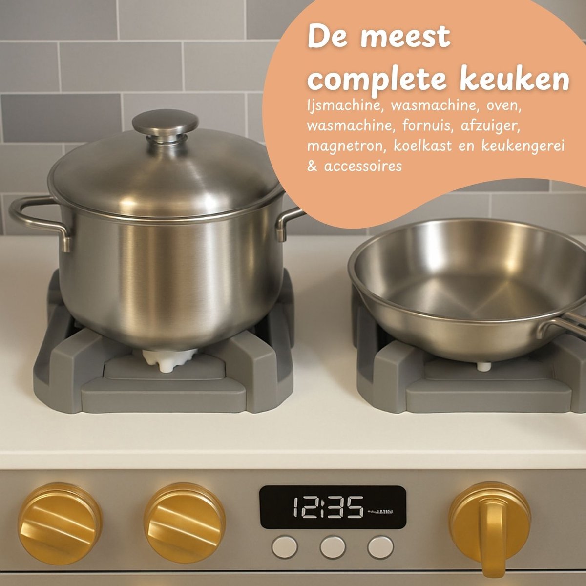 Maxx kidz - Houten Speelgoed Keuken Met Hoek - Complete Speelkeuken - Grijs Keukentje - Stevige Kinderkeuken met Accessoires - Speelgoedkeuken met Licht, Geluid en Pannetjes — afbeelding 9