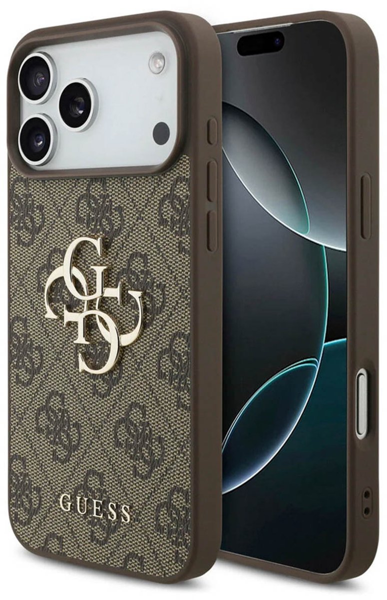 Guess Back Cover - Geschikt voor iPhone 17 Pro - Bruin - Big Metal Logo - Valbescherming