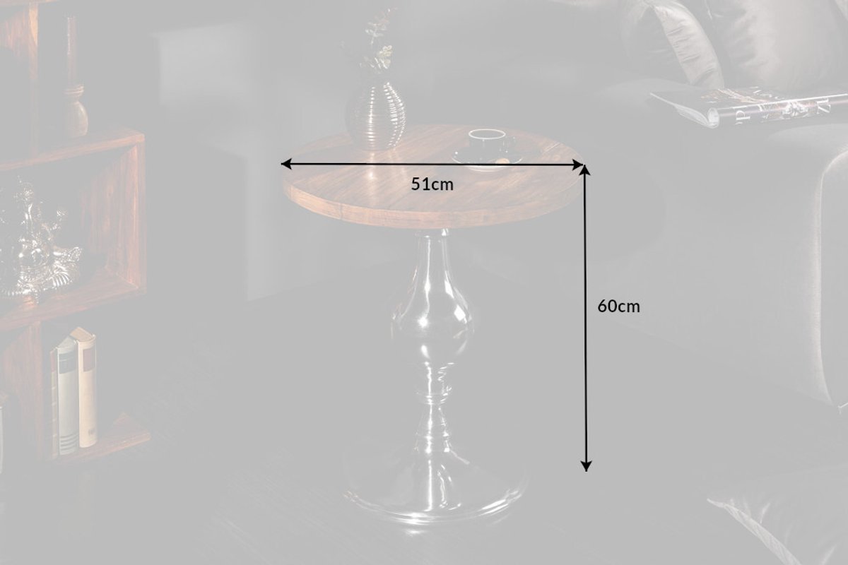 Design bijzettafel EXTRAVAGANCIA 50cm massief mangohout ronde metalen kolomvoet zilver - 39090