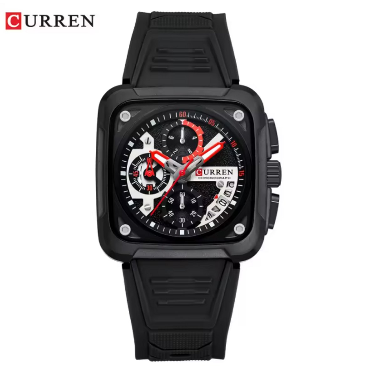 CURREN Horloge 8461 - Full Black - Heren - Quartz - Vierkante Kast - Siliconen Band - Chronograaf - Kalender - Waterbestendig Sporthorloge