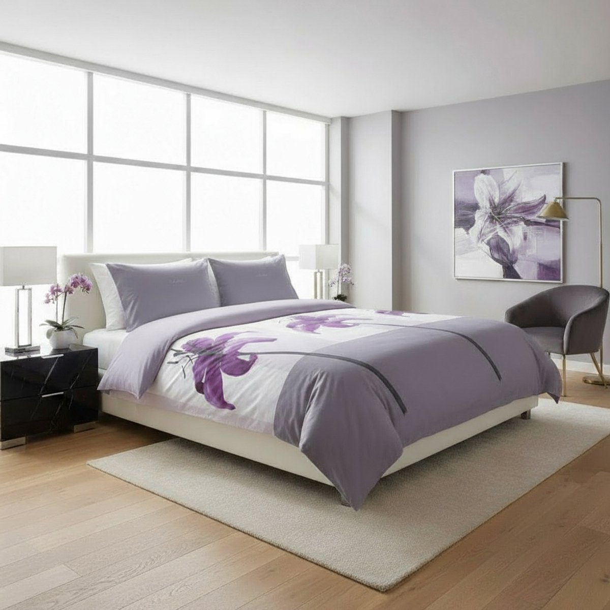 SENZATIONE 100% Katoen Percaline Dekbedovertrek 240x240-2x60x70 cm LILY OF LOVE GRIJS