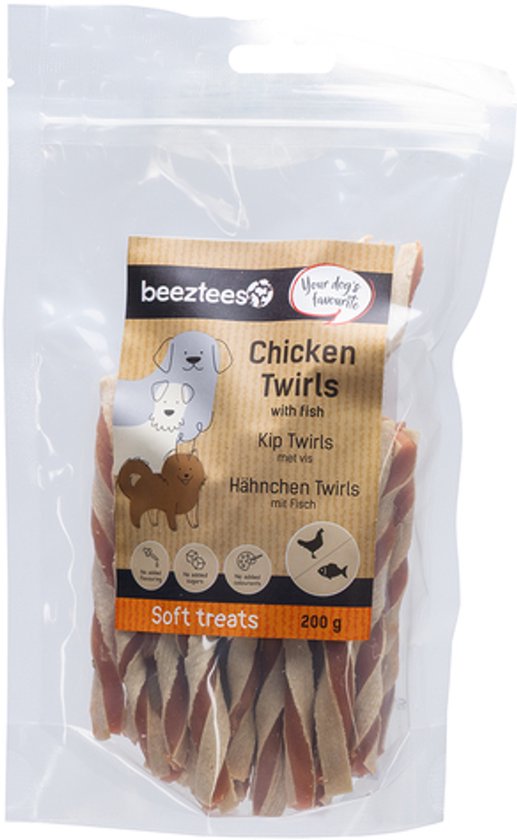Zak met Beeztees Kip Twirls met Vis hondensnoepjes, 200 gram.