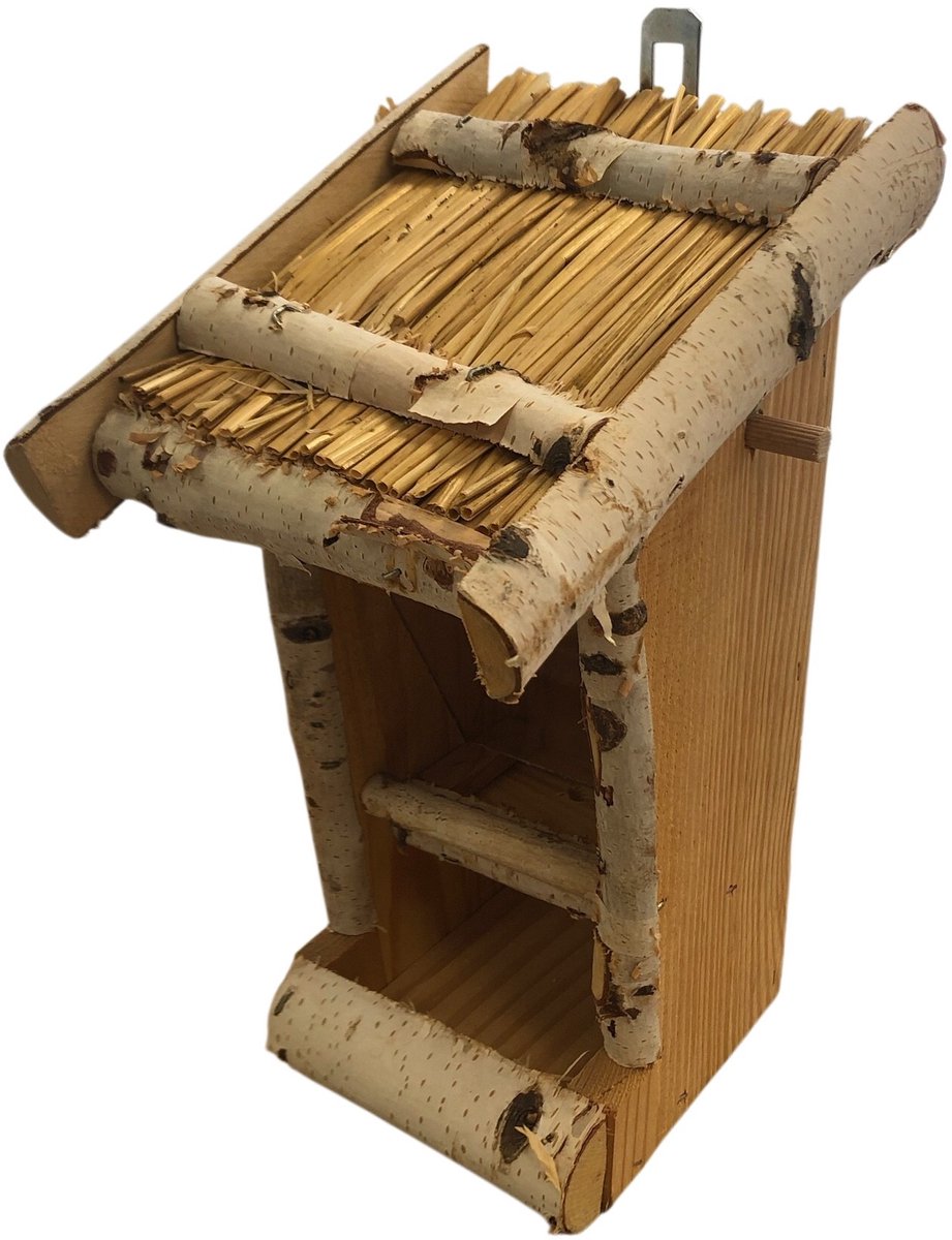 Dutchlander - Vogelvoedersilo – Muurbevestiging – Berkenhout met Stro Dak – Plexiglas Venster – 15x19x30 cm
