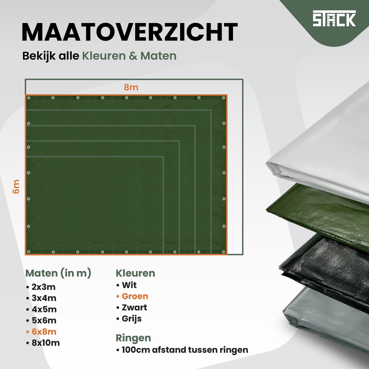 STACK® Extra Sterk Afdekzeil - 6x8m - Donker Groen - 150G/M2 - Waterdicht Bouwzeil & Zeildoek - Zeil Met Ringen - Beschermhoes & Afdekhoes voor Zwembad,Tuin Set,Motor,Scooter,Fietsen,Aanhangwagen,Scootmobiel,BBQ accesoires - Auto Hoes Bescherming — afbeelding 6