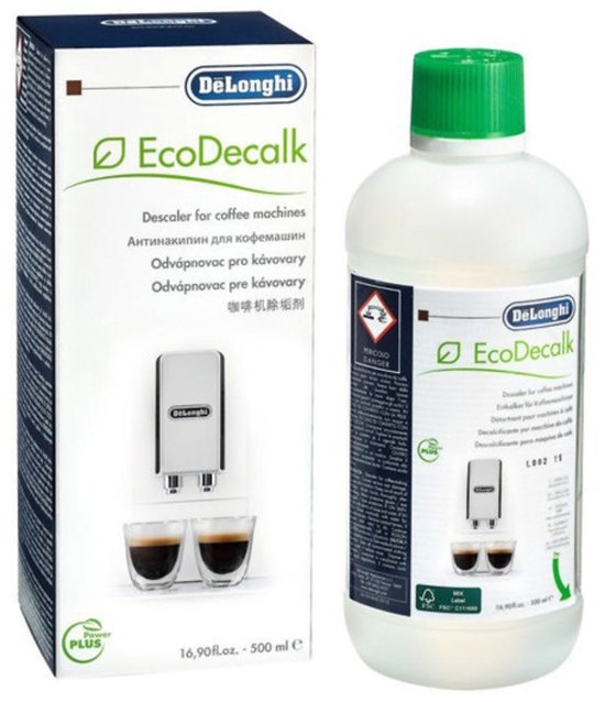 Pak en fles De'Longhi EcoDecalk ontkalker met twee espresso's.