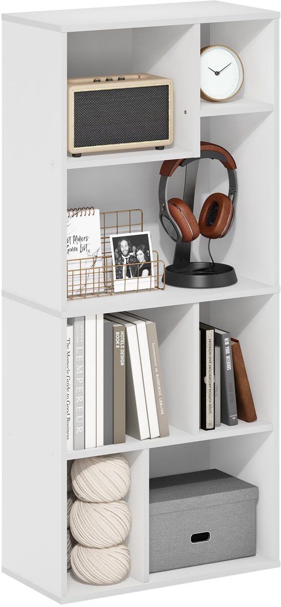 Ibenzoa Moderne asymmetrische boekenkast met zeven vakken voor veelzijdige opslag Wit