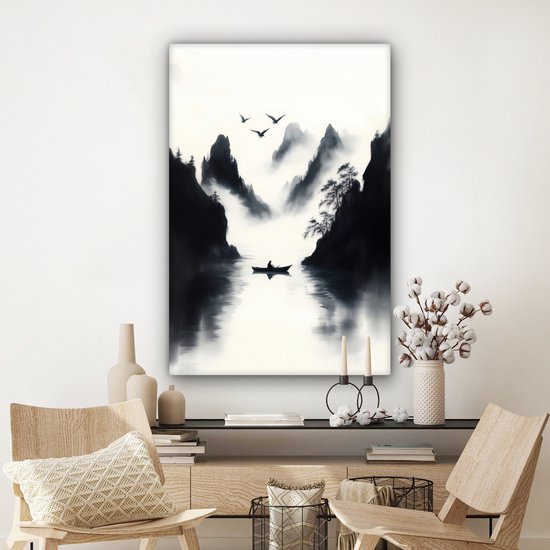 Tableau sur toile 80x120 cm - Décoration murale exclusive Bateau à rames - Brumeux - Montagnes - Vogels - Décoration murale murale salon - Décoration chambre - Accessoires chambre - Peintures sur toile