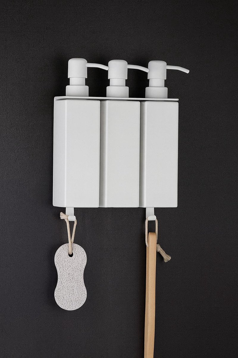 By Bresi zeepdispenser 3 - Mat wit - Brushed RVS - Hangend - Zeepdispenser Wandmontage - Zeepdispensers - Zeeppompje - Shampoo dispenser - Wandmontage met handdoekhaakje