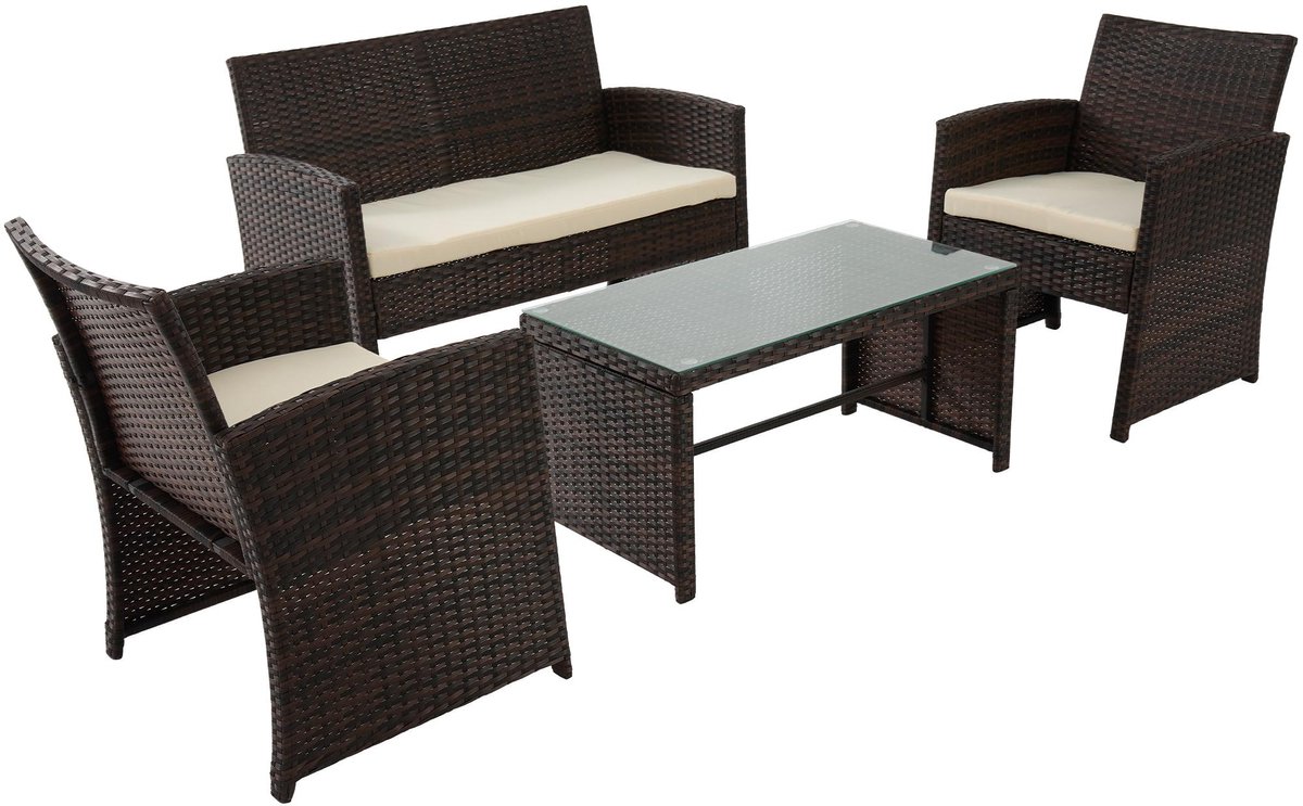 CLP Toruba Loungeset - 4-delige Tuinset van Weerbestendig PE-Rattan - Inclusief 2 Stoelen, 2-Zitsbank & Tafel met Glazen Blad - bruin