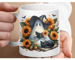 Mok Halloween Ghost Cat Sunflower Mug, Autumn Fall Coffee Cup, Spooky Season, Boo Ghost Mug, Witch Hat, Book Reading Cat, Gift for Halloween