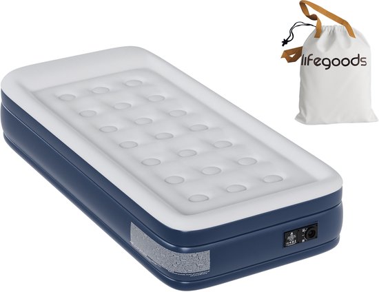 LifeGoods Luchtbed - 1 Persoons - Luchtmatras met Ingebouwde Pomp - Opblaasbed - Incl. Draagtas en Reparatiekit - Blauw/Wit