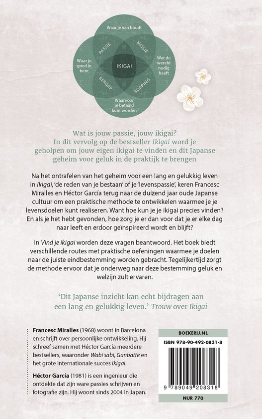 Boekomslag 'Vind je ikigai' met een diagram van vier overlappende cirkels, tekst en een afbeelding van kersenbloesems.