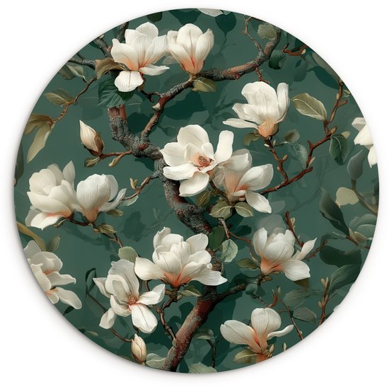 WallCircle® Wandcirkel 60x60 cm - Muurcirkel Bloemen - Takken - Wit - Klassiek - Muurdecoratie woonkamer - Wanddecoratie slaapkamer - Kamer decoratie accessoires - Ronde schilderijen