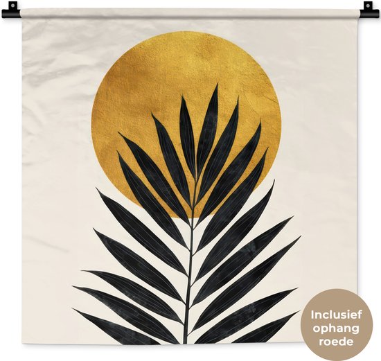 Wandkleed 60x60 cm - Wanddoek Zwart palmblad - Gouden cirkel - Beige achtergrond - Wandtapijt - Wandkleden