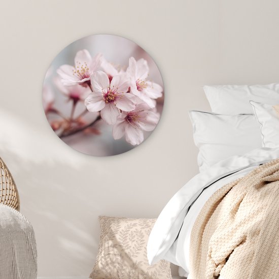 WallCircle® Wandcirkel 60x60 cm - Muurcirkel Bloesems - Meeldraden - Geel - Wazig - Muurdecoratie woonkamer - Wanddecoratie slaapkamer - Kamer decoratie accessoires - Ronde schilderijen