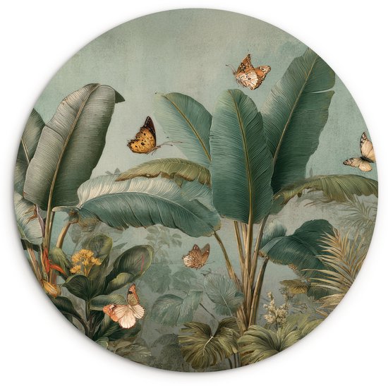 WallCircle® Cercle mural 30x30 cm - Motif feuillage tropical - Papillons - Vert - Marron - Décoration murale salon - Décoration murale chambre - Accessoires de décoration - Tableaux ronds