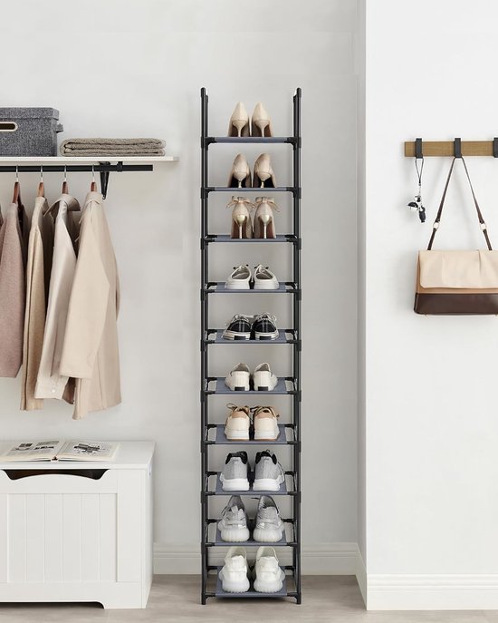 Conway Living- Étagère à chaussures - Banc à chaussures 10 niveaux - Meuble à chaussures ouvert - Meuble de rangement à Chaussures pour femmes industriel - Étroit et haut - 33 x 33 x 173 cm - Zwart - Structure Grijs