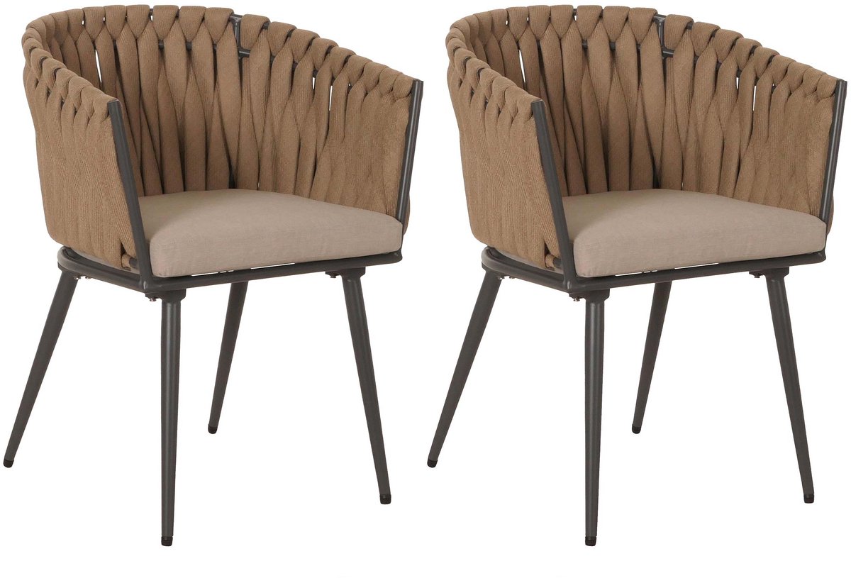 Set van 2 aluminium tuinstoelen MCW-N38, buitenstoel armleuning, Olefin rope weave Touw ~ beige kussen lichtbruin