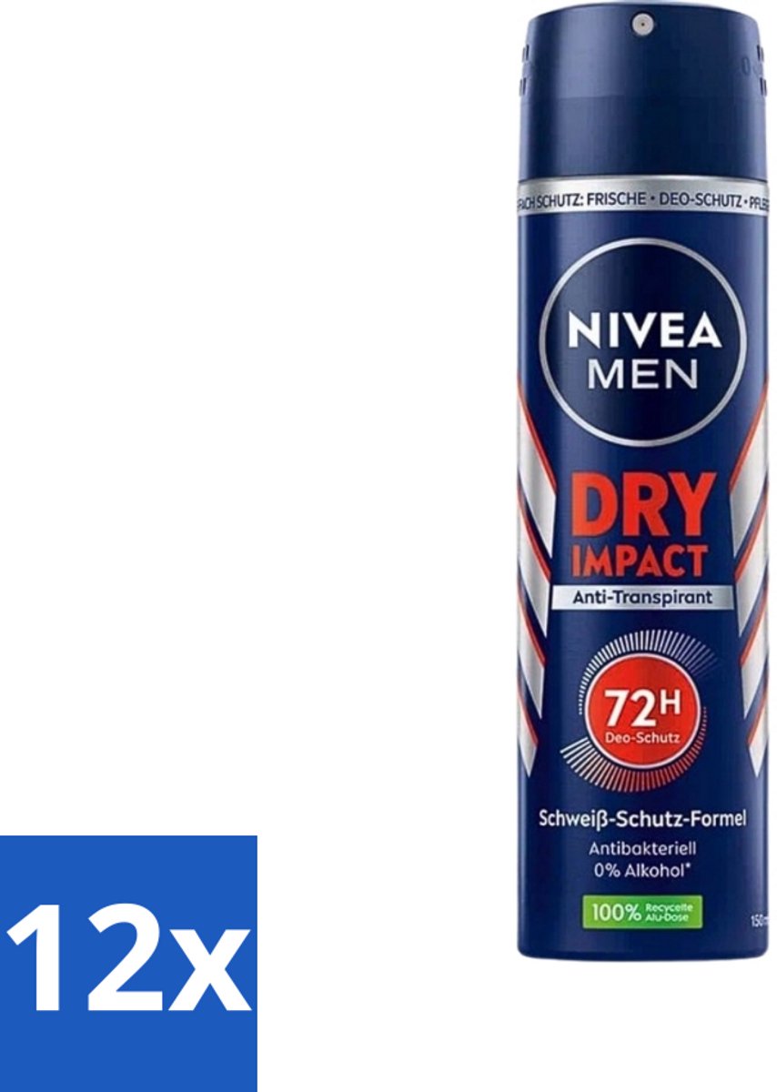 12 x Nivea - Men - Deo Spray - Dry Impact - 48 Uur Lang Werkend - 150 ml - Anti-transpirant - Deodorant Spray - 48 Uur Bescherming - Droogheid - Frisheid