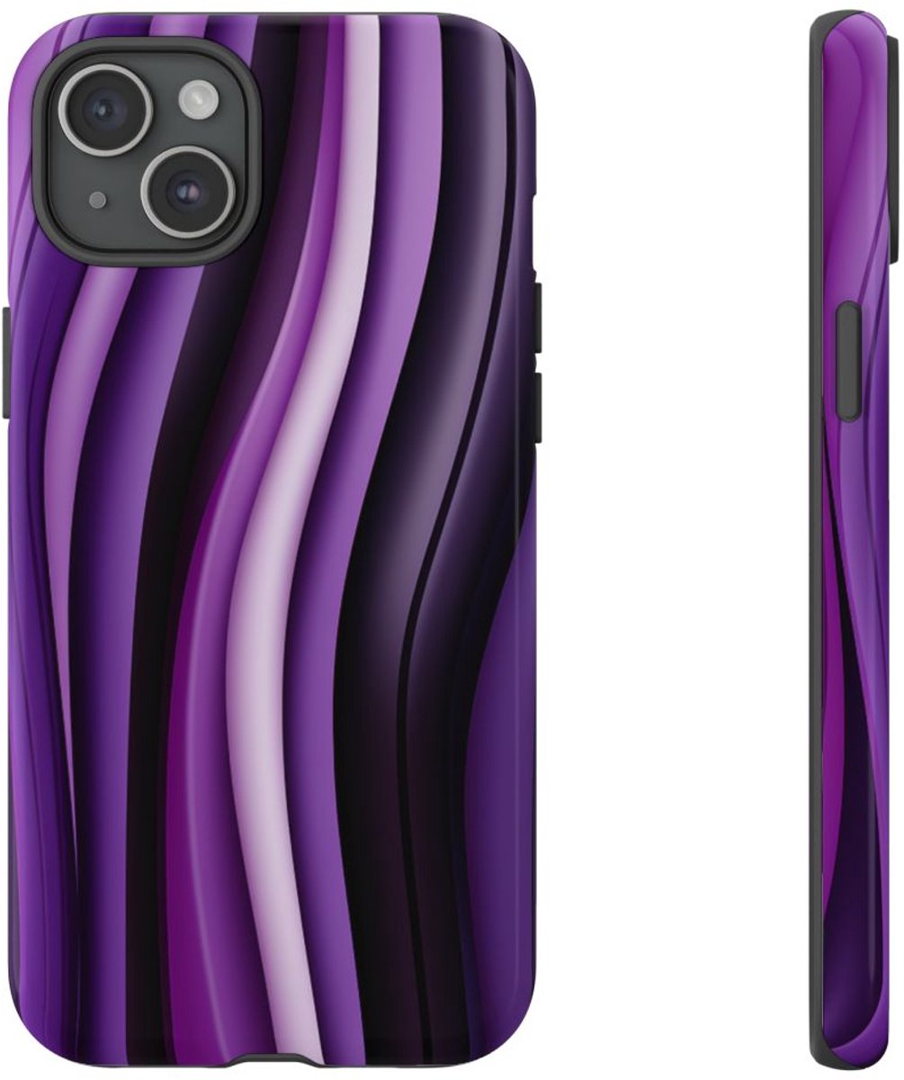 Paarse Golvende Strepen Abstract Ontwerp – Telefoonhoesje Geschikt voor iPhone 15 Plus