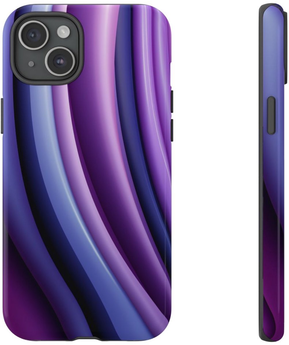 Paars-Blauw Gebogen Abstract Patroon – Telefoonhoesje Geschikt voor iPhone 15 Plus