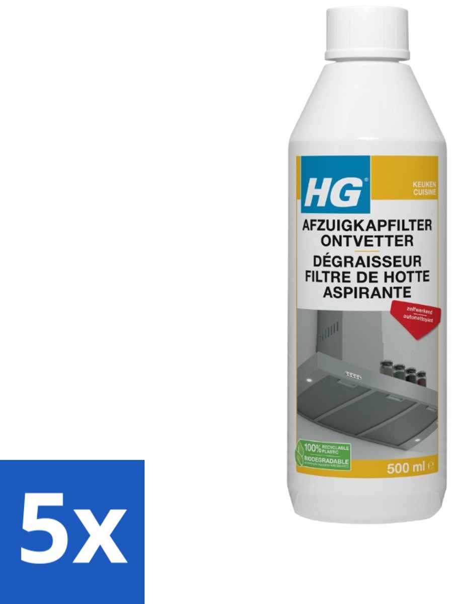5 x HG - Afzuigkapfilter Ontvetter - Zelfwerkend - 500 ml - Voordeelverpakking - 5 stuks