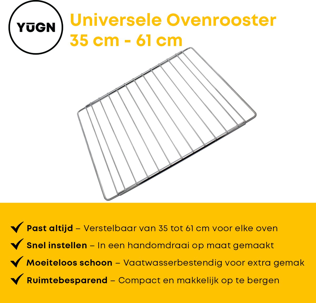 MiniMaxi Universele Ovenrooster 35 CM tot 61 CM - Zeer Grote Verstelbaarheid - Stainless Steel RVS - Past In Vaatwasser En Is Roestbestendig - Voor BBQ Rooster en Koelkast Inlegrooster - eBook toegang — afbeelding 3