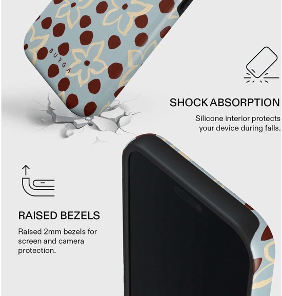 Lichtblauwe telefoonhoes met bruine stippen en beige bloemen, toont schokabsorptie en verhoogde randen.