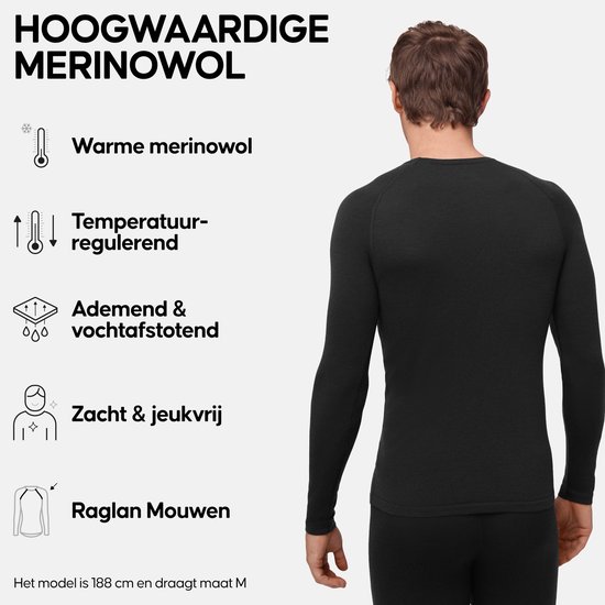 Zwarte merino thermoshirt met lange mouwen, raglanmouwen, voor mannen. Iconen met tekst.