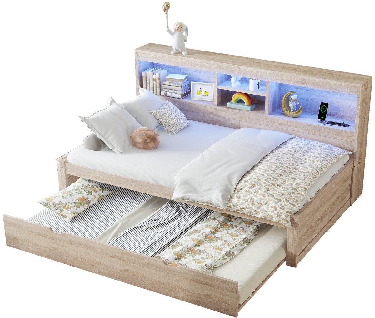 Merax Slaapbank 90x200 cm – Met LED Verlichting – Logeerbed Met Uitrolbed – Bed Met Opbergruimte – USB & Stopcontact – Zonder Matras – Naturel