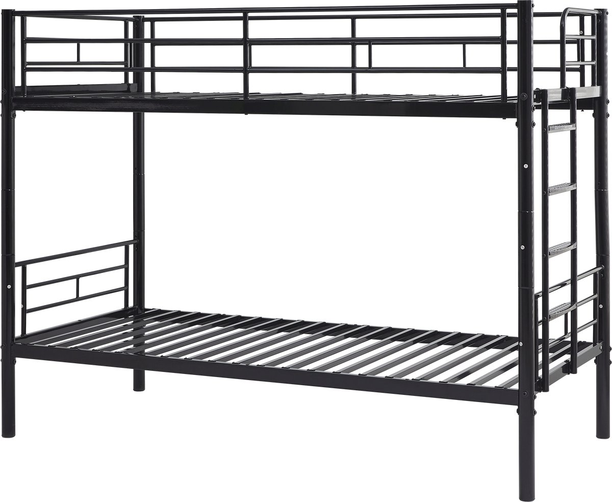 Merax Stapelbed 90x200 cm - Stapelbed voor Kinderen - Om Te Bouwen Naar 2 Eenpersoonsbedden - Met Metalen Frame - Houten Lattenbodem - Veiligheidshek - Antislip Trap - Zwart
