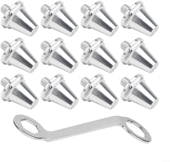 12 pièces - Crampons de chaussures de football - Crampons de rechange pour chaussures de football - 15 mm - Filetage - À visser - Avec clé de montage - Aluminium - Argent
