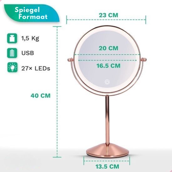 Rosegouden spiegel met LED-verlichting, afmetingen 23x40 cm.