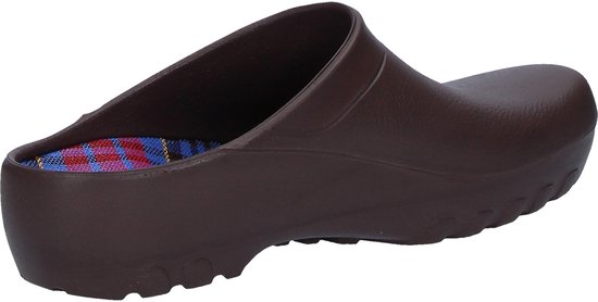 Sabot Alsa marron, vue de côté, avec doublure à carreaux.