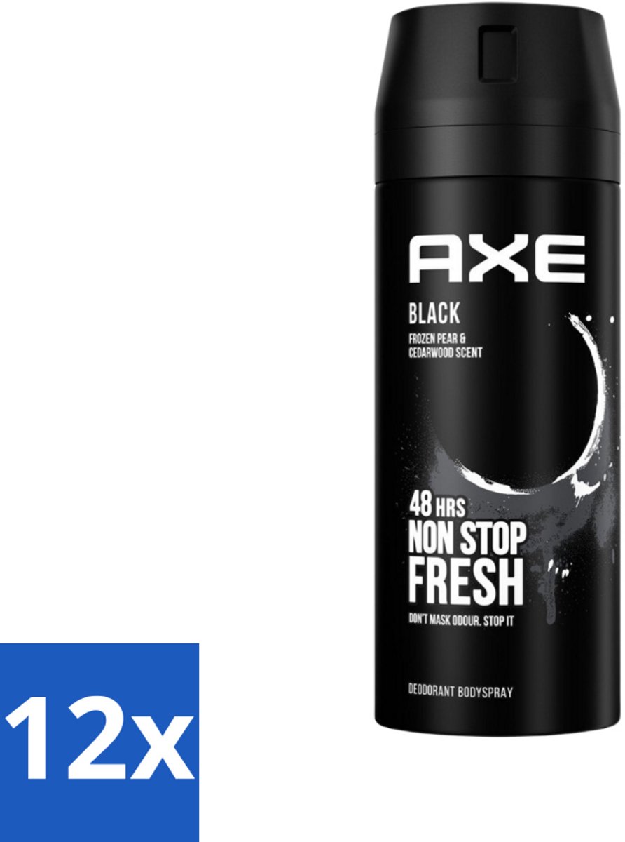 12 x Axe - Deodorant Bodyspray - 48hrs Fresh - Black - Frozen Pear & Cedarwoord - 150 ml - Axe Deodorant - Deodorant Spray - 48 Uur Bescherming - Bevroren Peer Geur - Cedarwood Geur
