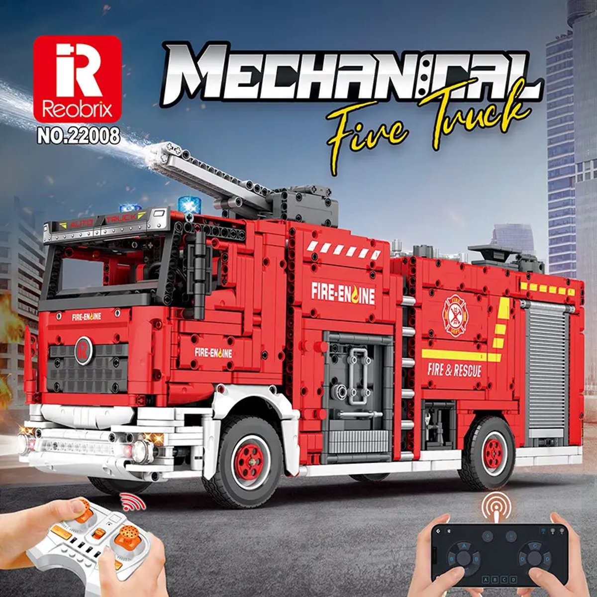 Reobrix 22008 Brandweer wagen met waterkanon bouwset | RC auto constructie modelbouw | Educatief speelgoed bouwpakketten voor kinderen & volwassenen | Met radiografisch bestuurbare remote | Accu niet geschikt voor Lego technic | 2888 bouwstenen – foto 2