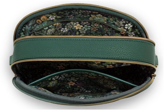 Open groene crossbody tas met bloemenvoering en interne vakken.