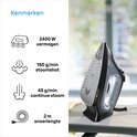 Kenmerken van het Braun TexStyle 3 stoomstrijkijzer: 2400W, 180g/min stoomshot, 45g/min continue stoom, 2m snoer.