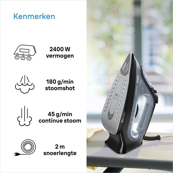 Kenmerken van het Braun TexStyle 3 stoomstrijkijzer: 2400W, 180g/min stoomshot, 45g/min continue stoom, 2m snoer.