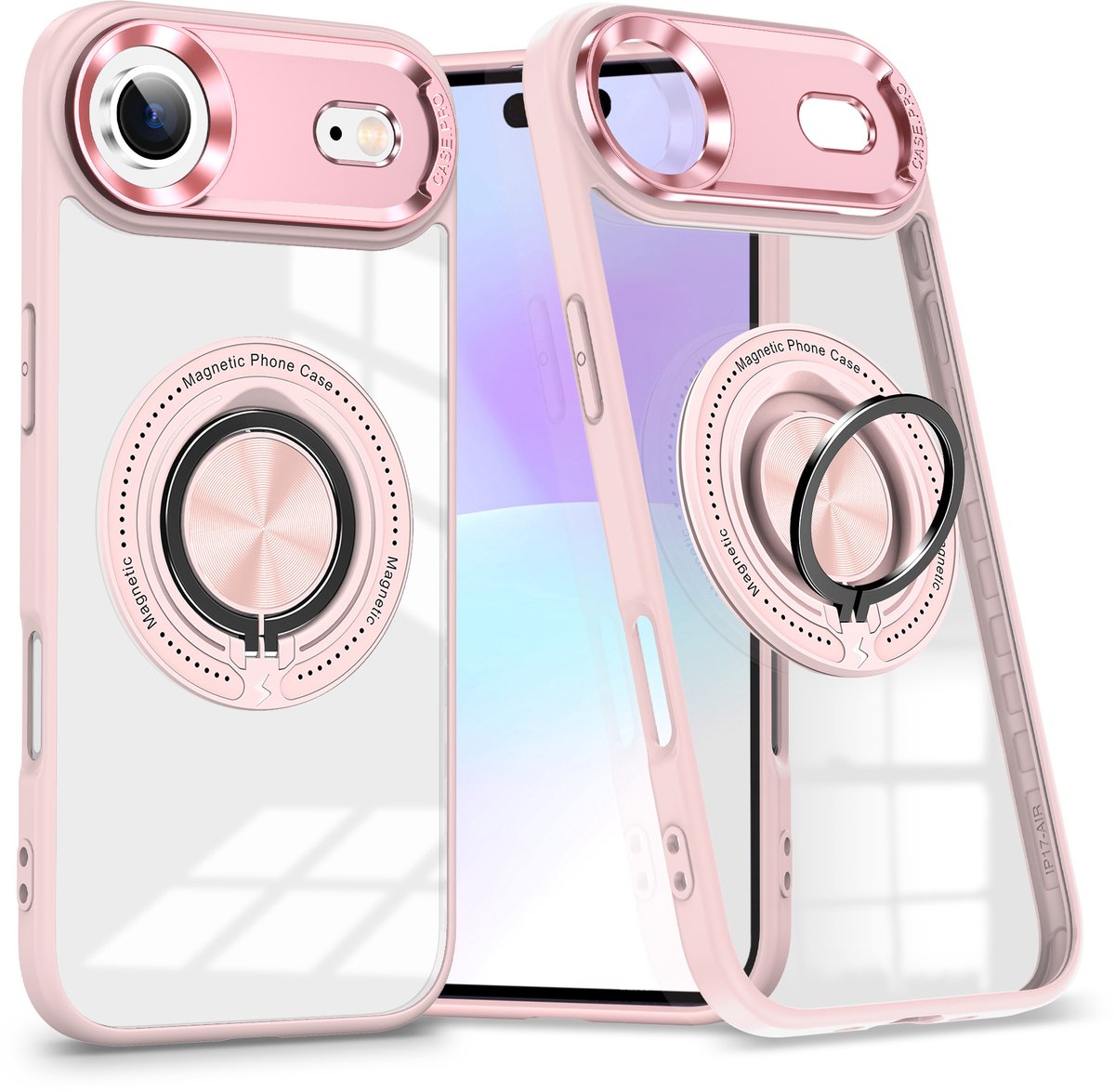 Magsafe Hoesje Geschikt voor iPhone Air hoesje Rose Goud Transparant - Met kickstand Draaibare Ring Houder