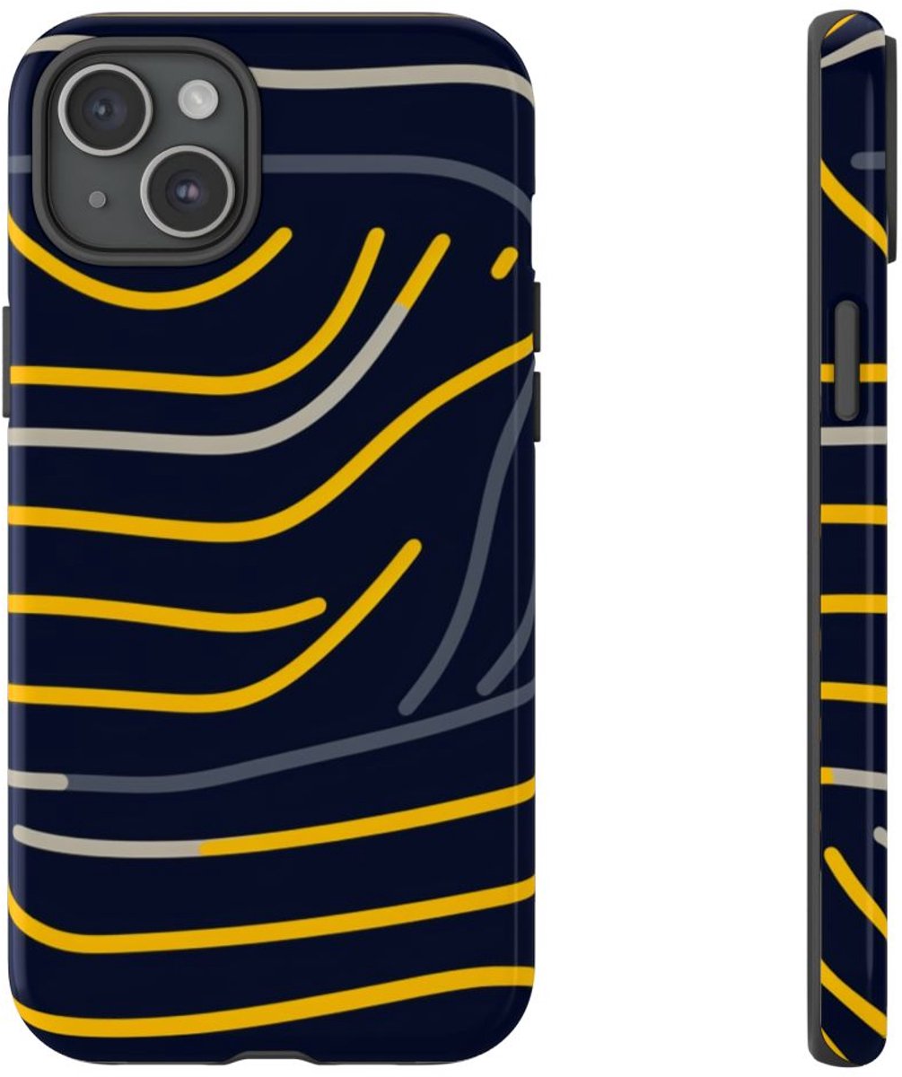 Abstracte Donkerblauwe en Gele Lijnen – Telefoonhoesje Geschikt voor iPhone 15 Plus