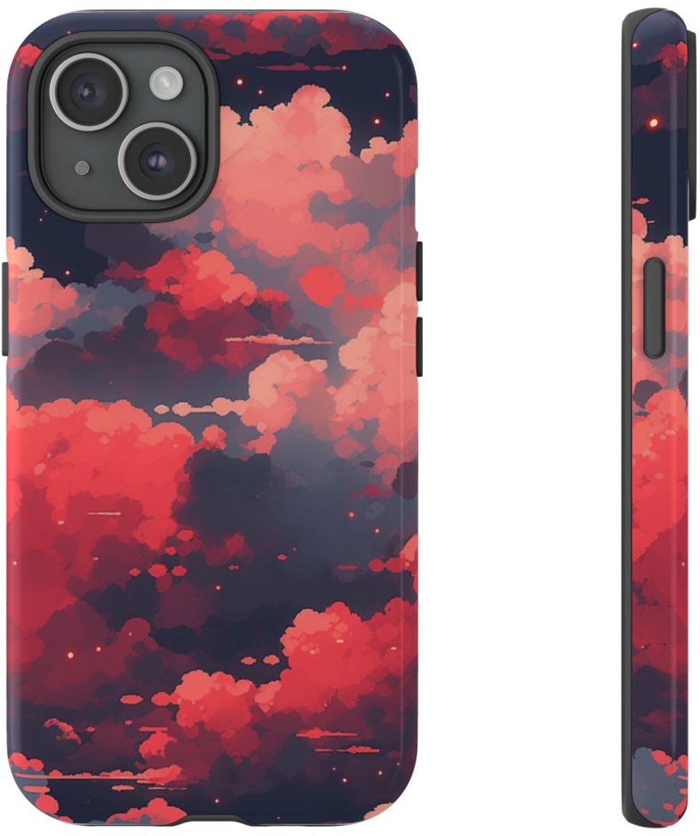 Abstracte Wolkenlucht in Rood en Roze – Telefoonhoesje Geschikt voor iPhone 15
