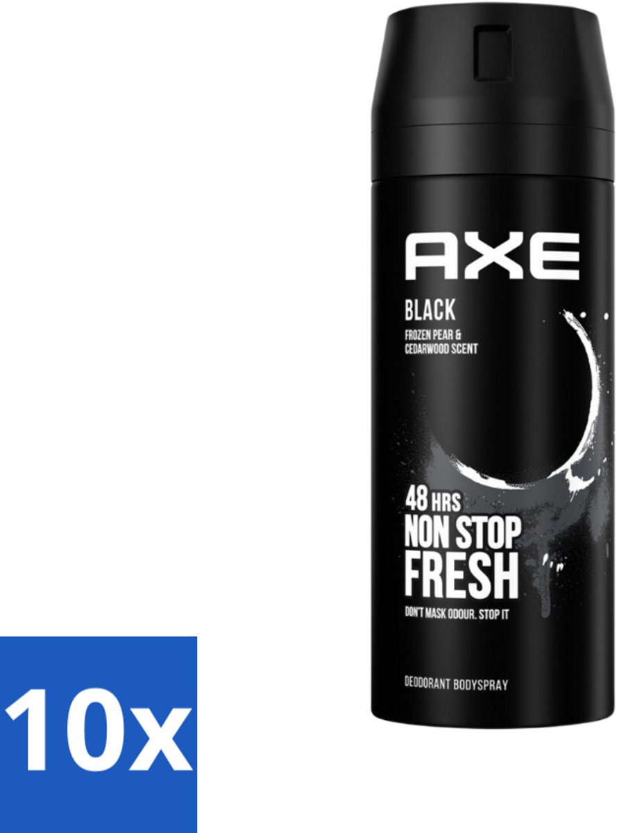 10 x Axe - Deodorant Bodyspray - 48hrs Fresh - Black - Frozen Pear & Cedarwoord - 150 ml - 48 Uur Bescherming - Deodorant Spray - Bevroren Peer - Cedarwood - 0% Aluminiumzouten