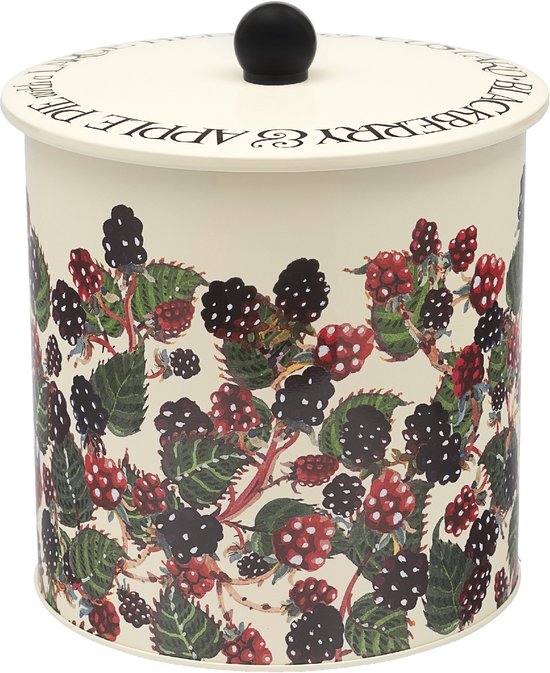 Boîte de conservation ronde crème avec poignée noire et motif de mûres et feuilles. Texte sur le couvercle : 'BLACKBERRY & APPLE PIE'.