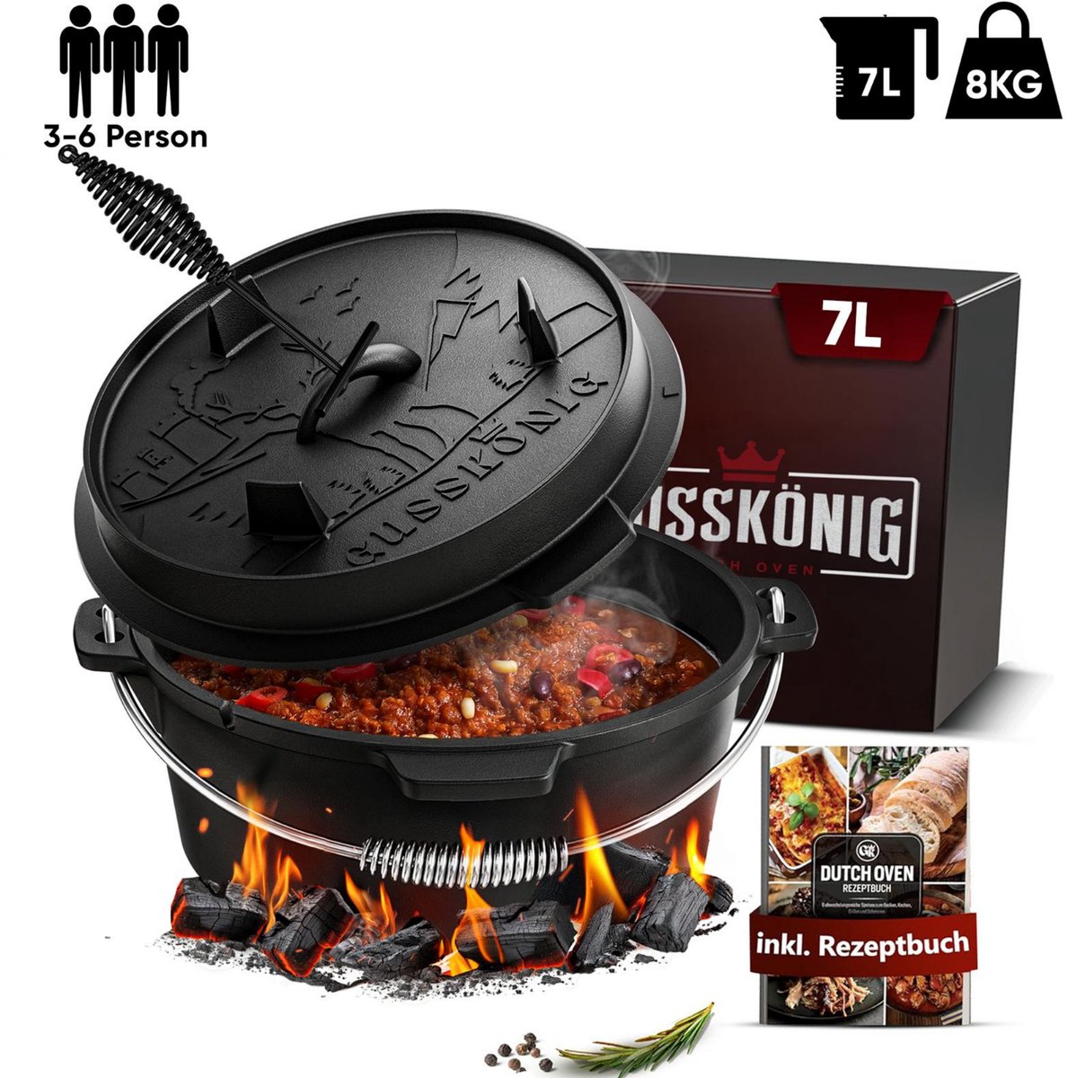 GUSSKÖNIG Dutch Oven Set - Ingebrande vuurpot met praktische dekselheffer en voetjes - dutch oven gietijzer