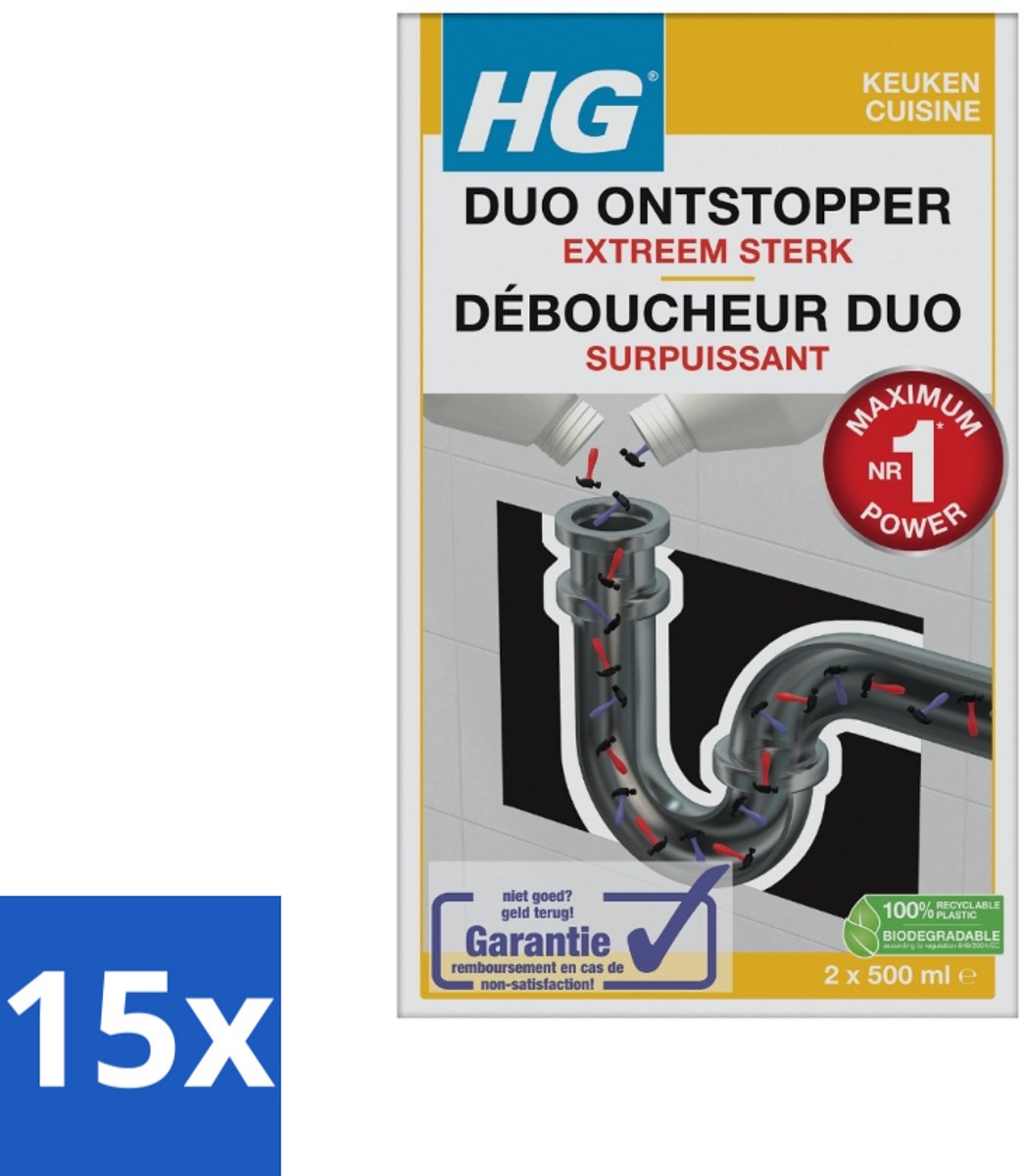15 x HG - Duo Ontstopper - Extreem Sterk - Afvoerontstopper Voor Hardnekkige Verstoppingen - 1L - Voordeelverpakking - 15 stuks
