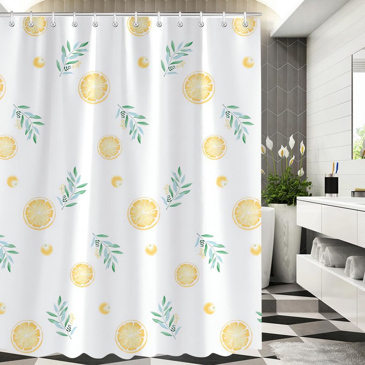 Ibenzoa® Stijlvol douchegordijn met citroenbladeren en verzwaarde zoom voor badkamer
