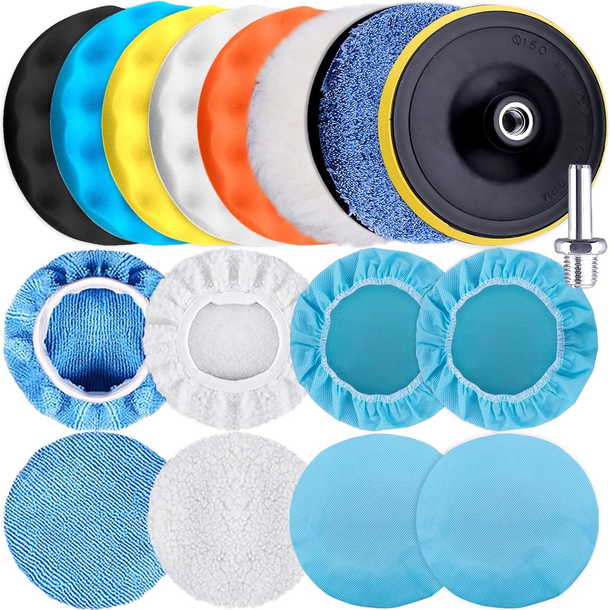 17-delige set polijstpads voor auto-onderhoudsmachines, microvezel maximale polijstpadhoes voor motorkap (15 cm)